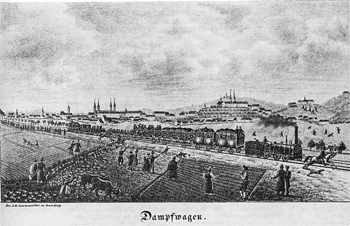 Fiktiver Eisenbahnzug nach dem Verlassen des Bamberger Bahnhofs, im Hintergrund Silhouette der Stadt. Lithographie von Johann Baptist Lachmüller 1844
