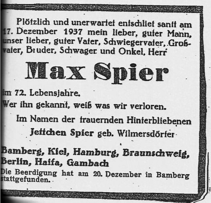 Todesanzeige für Max Spier, Bamberg, Dezember 1937 (Fotoarchiv Abraham Frank, Jerusalem)